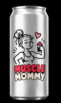 One silver aluminum can shown on a black background, printed with a cartoon woman graphic and the words “MUSCLE MOMMY” in red and white.