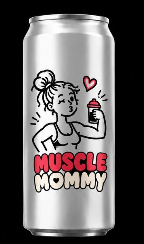 One silver aluminum can shown on a black background, printed with a cartoon woman graphic and the words “MUSCLE MOMMY” in red and white.