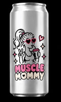 One silver aluminum can shown on a black background, printed with a cartoon woman graphic and the words “MUSCLE MOMMY” in pink and white.
