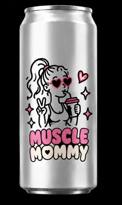 One silver aluminum can shown on a black background, printed with a cartoon woman graphic and the words “MUSCLE MOMMY” in pink and white.